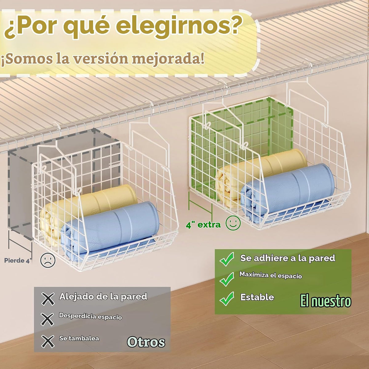 Organizador de armario colgante de profundidad extendida de 6 niveles, estantes colgantes de almacenamiento con ganchos para colgar ropa, suéteres, toallas, bolsos, cubos de malla metálica apilables