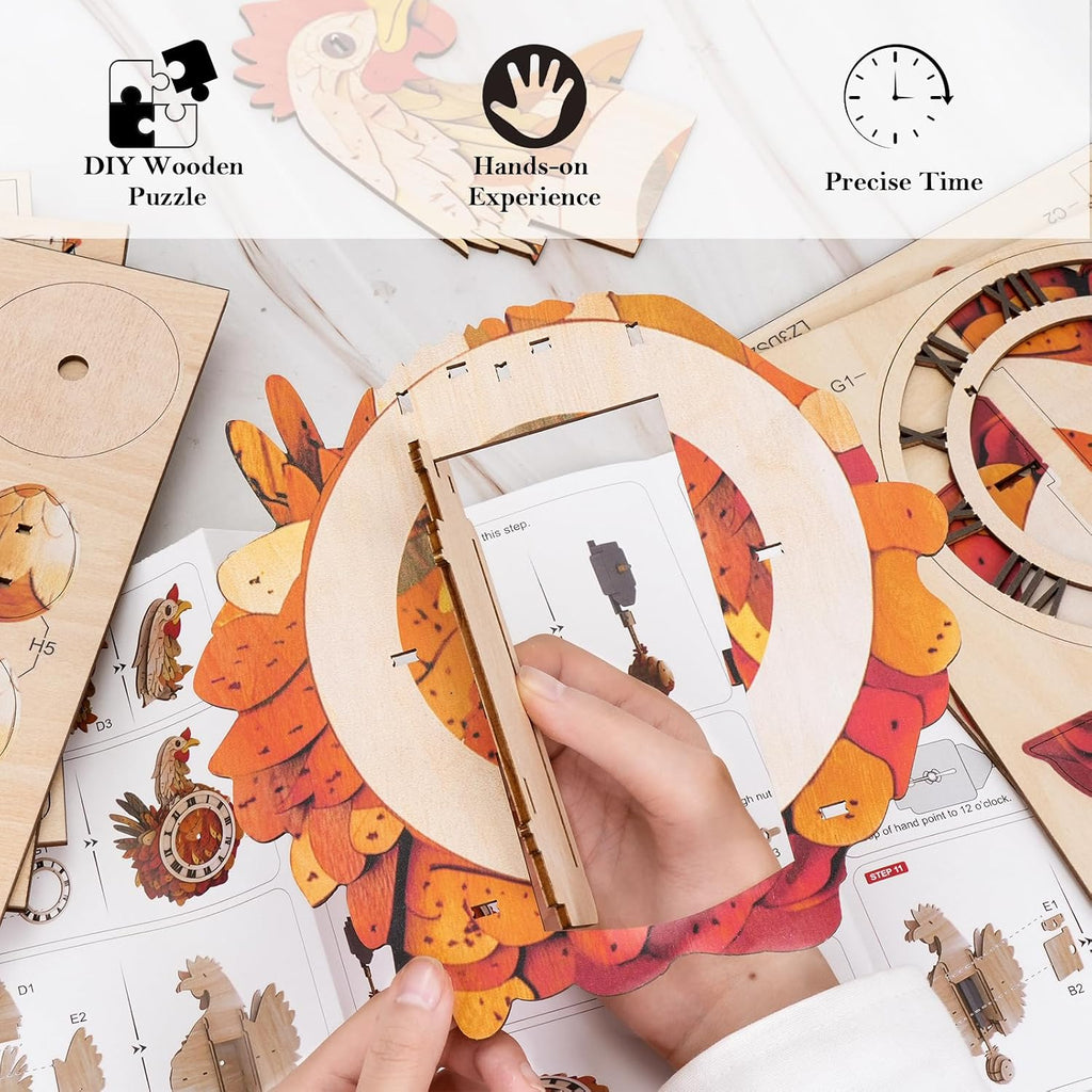 KAAYEE Rompecabezas 3D para adultos, reloj de pollo, rompecabezas de madera para gallina