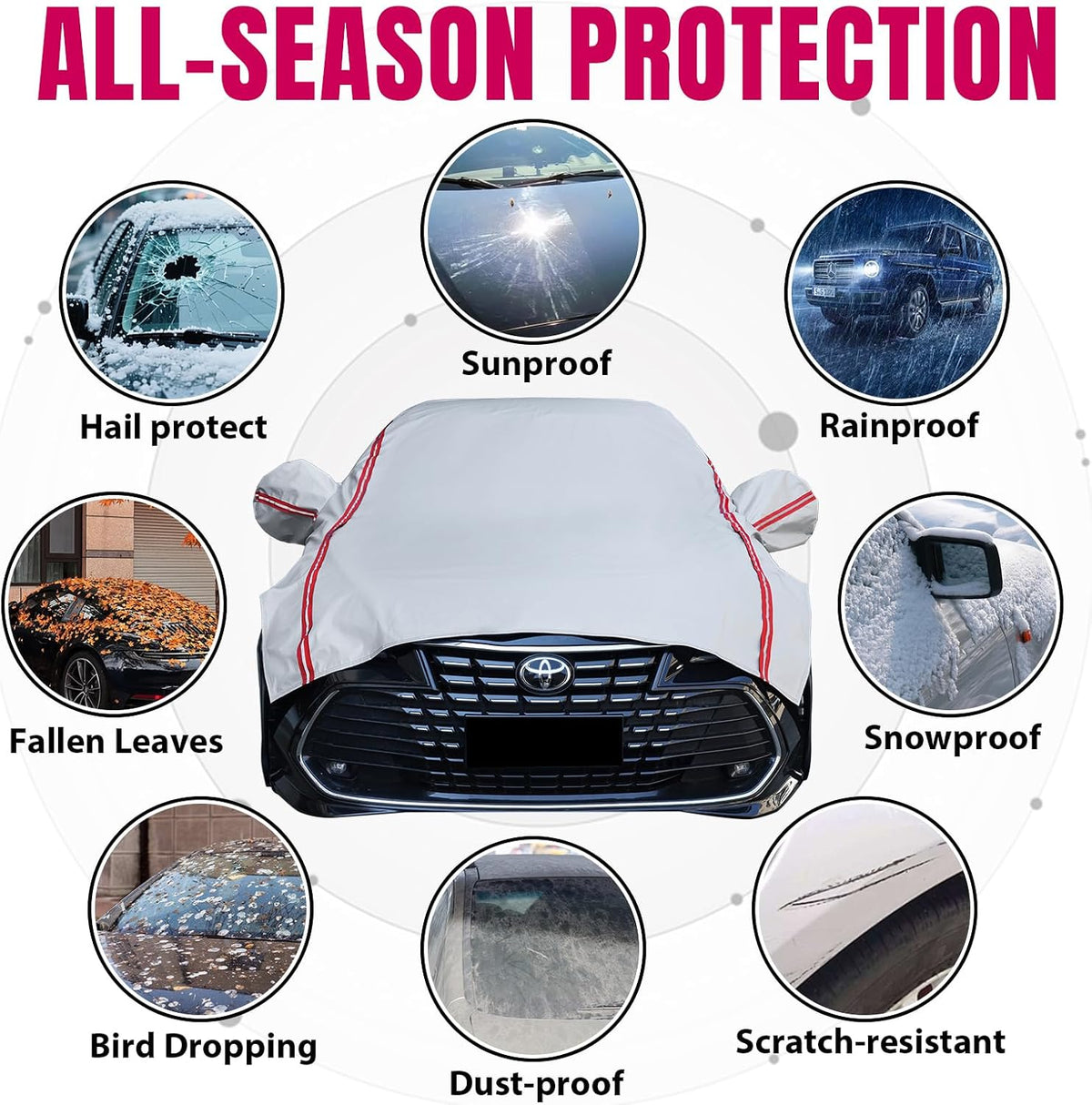 Cubierta de medio coche Sedan, cubierta superior con tira reflectante roja, cubierta protectora contra el granizo con forro de algodón, cubierta para techo solar y parabrisas para hielo y nieve
