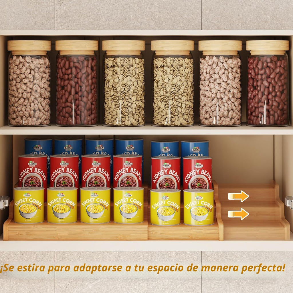 Organizador Expandible de Latas de Bambú para Despensa, Soporte de Almacenamiento de Latas de 3 Estantes Ajustables, Organizador de Refrescos que Sostiene hasta 24 Latas, Exhibidor de Alimentos en Latas para Despensa, Gabinete, Encimac (patente pendiente)