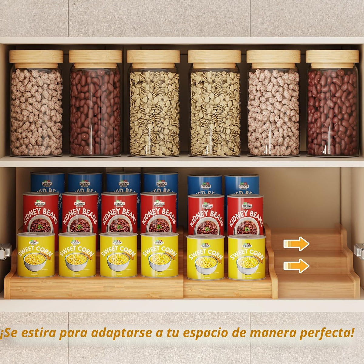 Organizador Expandible de Latas de Bambú para Despensa, Soporte de Almacenamiento de Latas de 3 Estantes Ajustables, Organizador de Refrescos que Sostiene hasta 24 Latas, Exhibidor de Alimentos en Latas para Despensa, Gabinete, Encimac (patente pendiente)