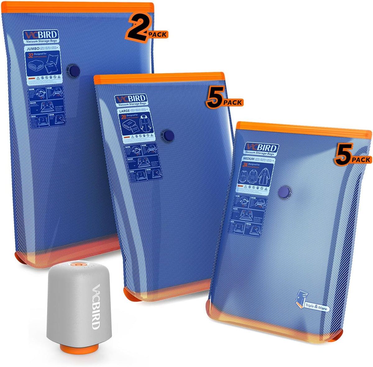 Vacbird Bolsas de almacenamiento al vacío con bomba inalámbrica, paquete de