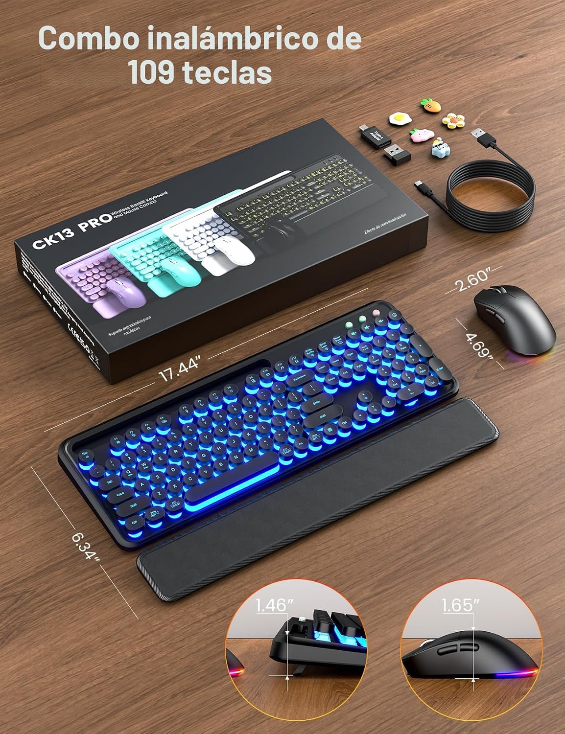 Teclado y mouse inalámbricos, máquina de escribir retroiluminada co...