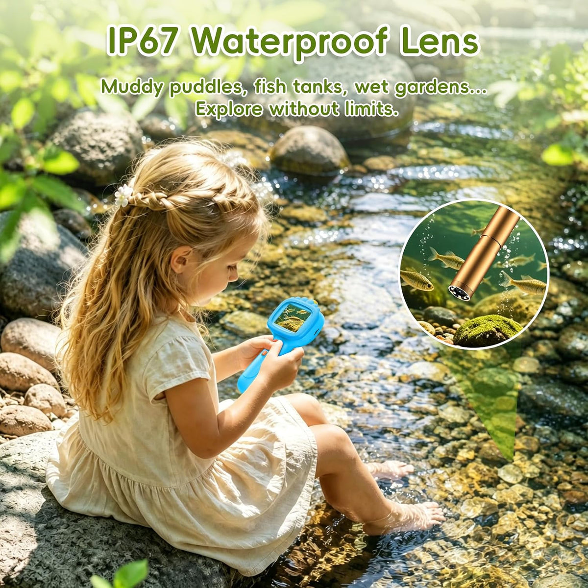 Cámara boroscopio con luz para niños, 2.4" IPS, azul león