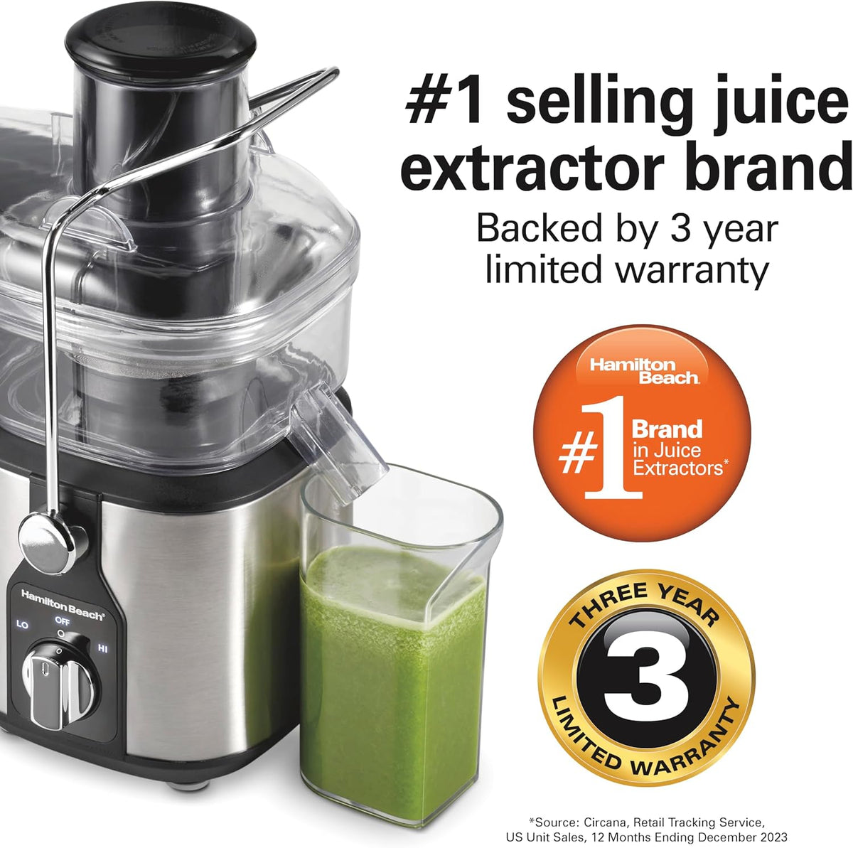 Hamilton Beach Extractor de jugo fácil de limpiar con herramienta de limpieza fácil de barrer, canal de boca grande de 3 pulgadas, R67870 (renovado)