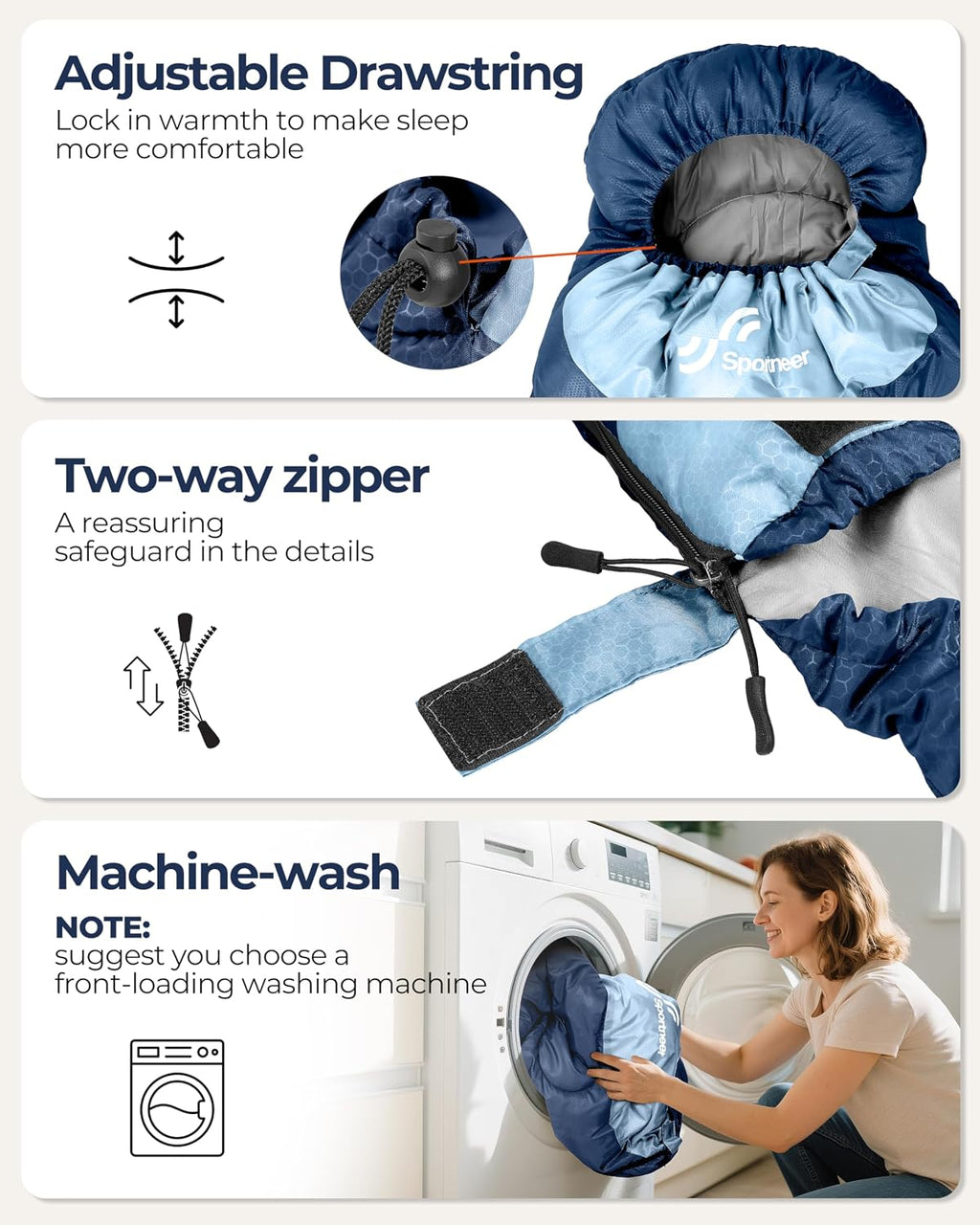 Sportneer Saco de dormir, 3 estaciones, cálido y frío, saco de dormir para adultos, niños y niñas, con saco de compresión, accesorios ligeros para equipo de camping, mochileros, senderismo