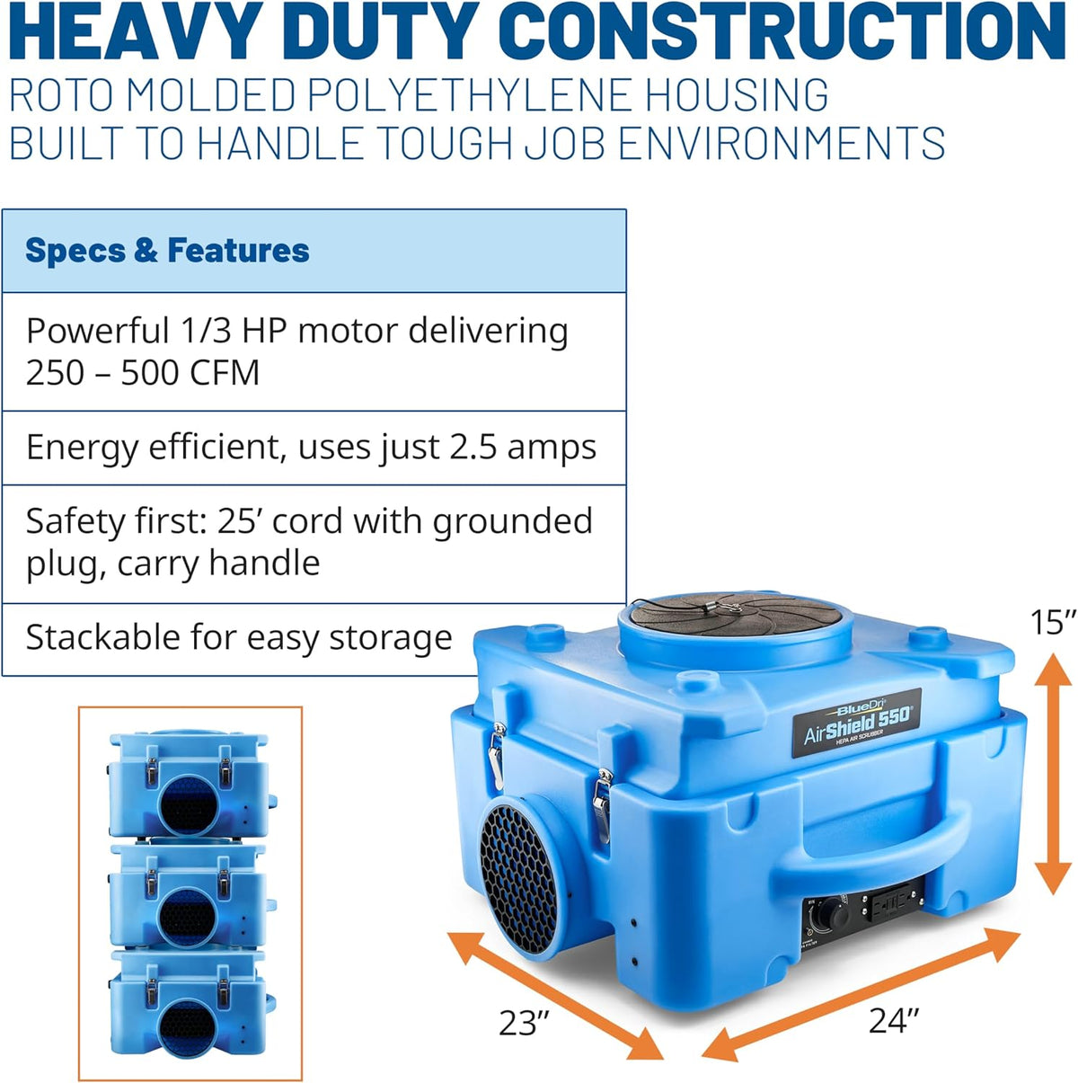 BlueDri Air Shield 550 Depurador de Aire HEPA, Equipo Purificador de Aire para Restauración de Daños por Agua, Cubre 1400 Pies Cuadrados, Capacidad de Conexión en Cadena, Para Uso Comercial, Azul