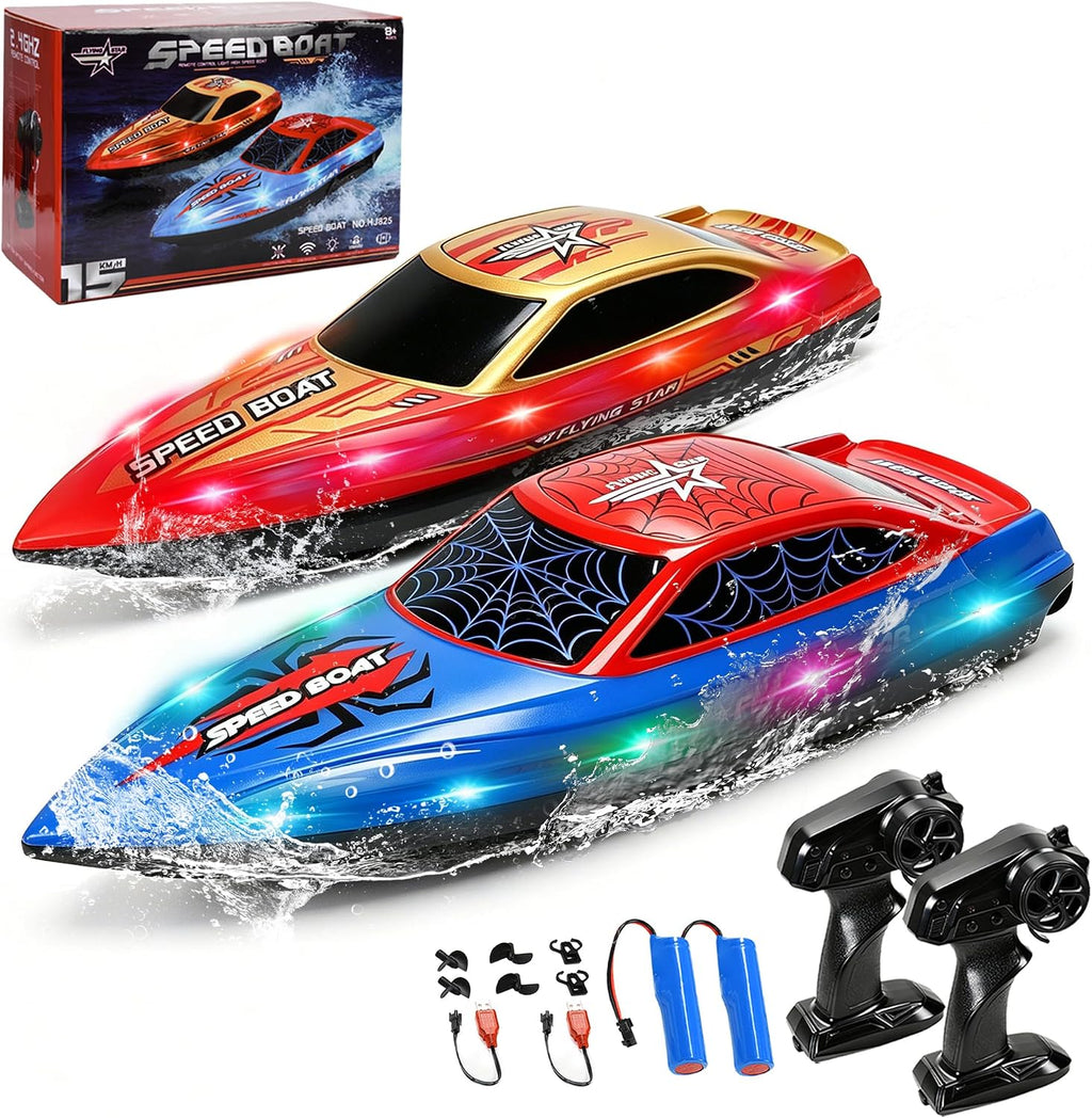 FLYING STAR Paquete de 2 barcos de control remoto de 13 pulgadas para niños, 2 baterías, barco de carreras RC de 2.4 GHz con luces LED para piscinas y lagos, juguete de agua de verano para niños de 8