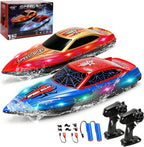 FLYING STAR Paquete de 2 barcos de control remoto de 13 pulgadas para niños, 2 baterías, barco de carreras RC de 2.4 GHz con luces LED para piscinas y lagos, juguete de agua de verano para niños de 8