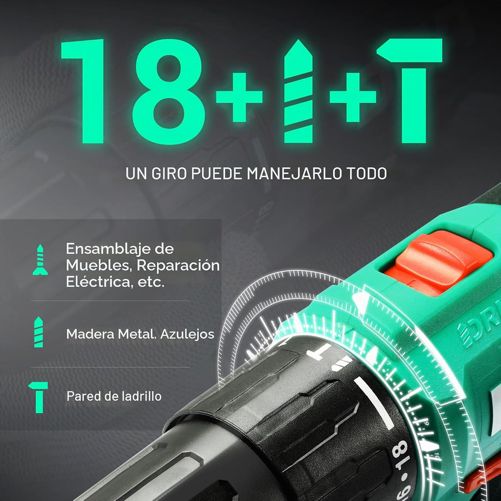 DCA Juego de martillo inalámbrico de 20 V, par de 354 in-libra, portabrocas sin llave de 1/2 pulgada, 22500 IPM, 2 velocidades variables, posición 18+1+1, taladro de impacto de potencia con 14 brocas