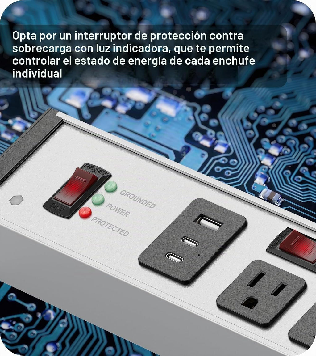 CCCEI Protector de sobretensiones resistente, calibre 12, puertos USB. Gris