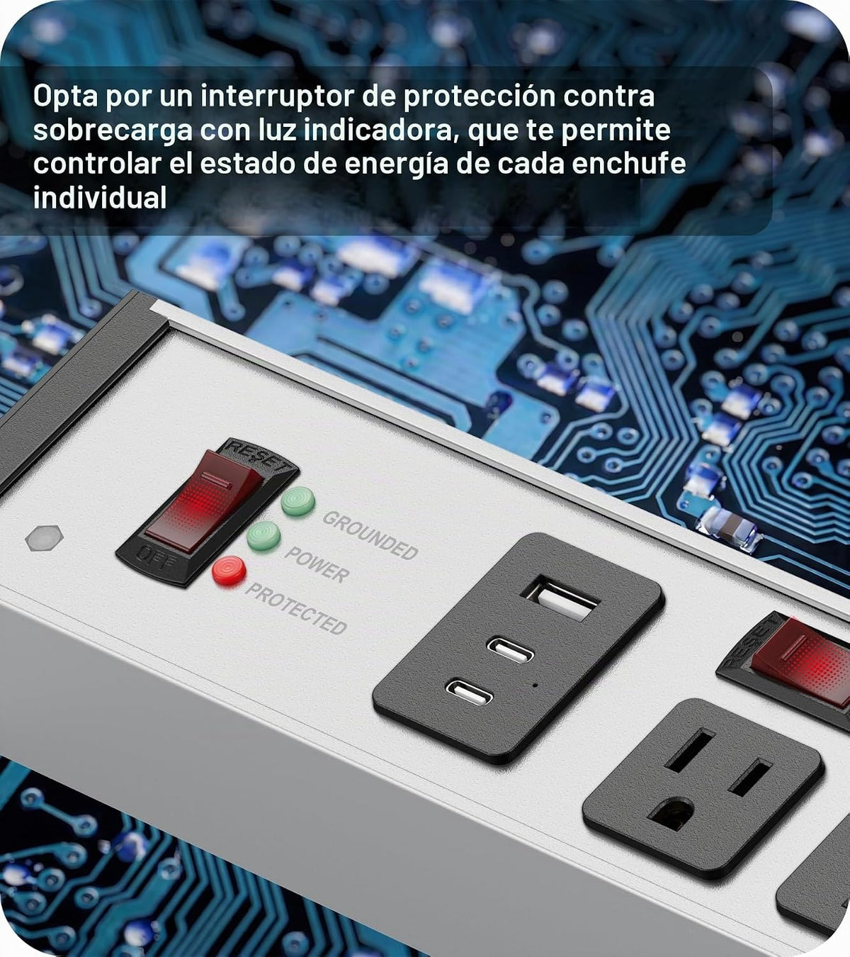 CCCEI Protector de sobretensiones resistente, calibre 12, puertos USB. Gris