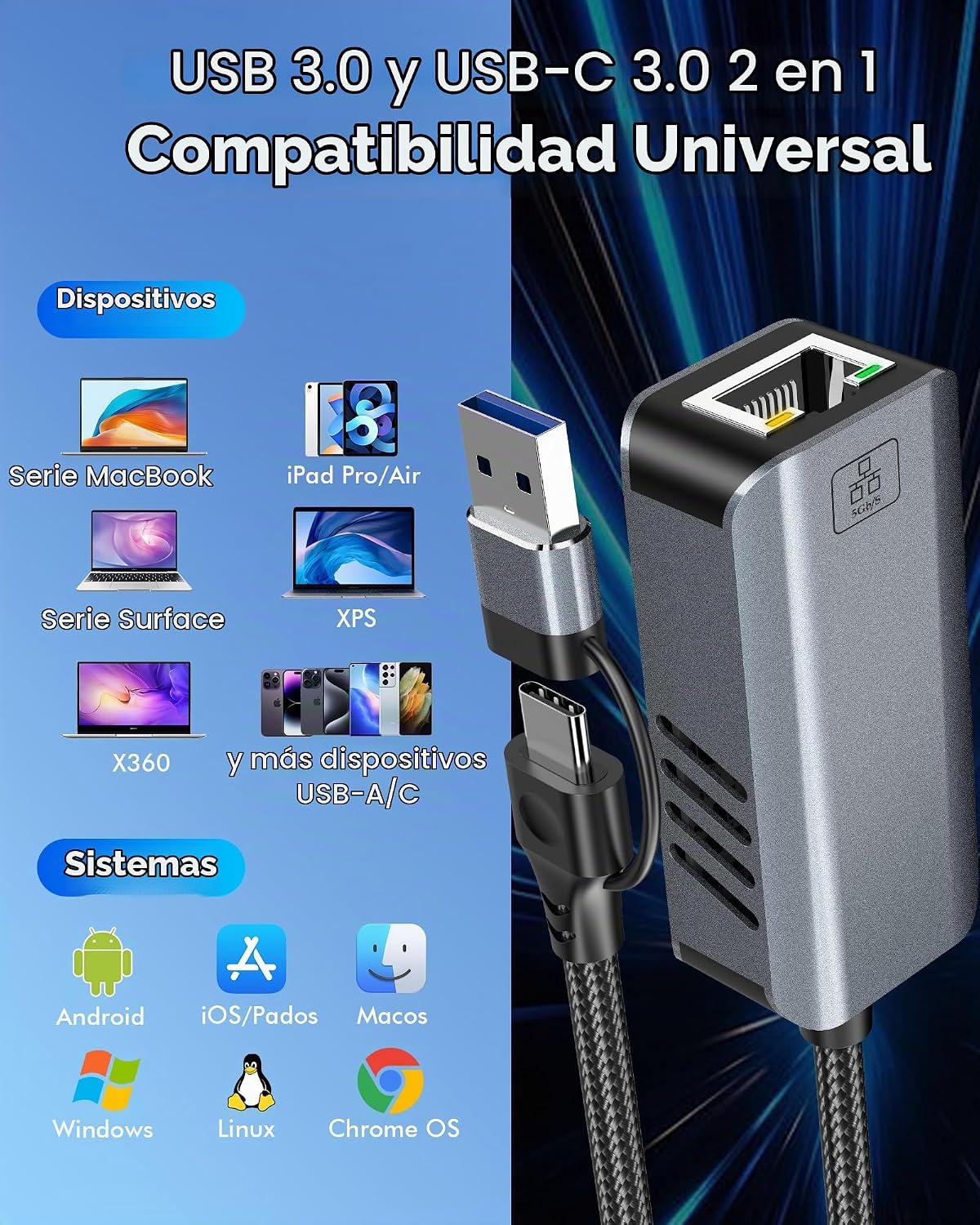Adaptador USB a Ethernet de 5 gb - Convertidor de red USB-A y USB C a RJ45 de 5000 Mbps USB a RJ45 0.18 oz Fast LAN Ethernet Dongle para MacBook Air/Pro, HP, XPS, portátil, Surface, iPad, iPhone 17/16