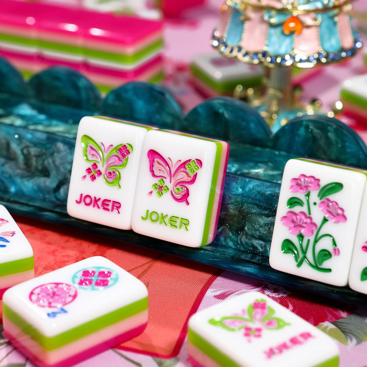 American Mahjong - Juego de azulejos de Mahjong, 160 rosas rosas de 4 capas con 4 dados con bolsa, caja de almacenamiento lista para regalo, juego de azulejos de Mahjong americano, juego de mahjong