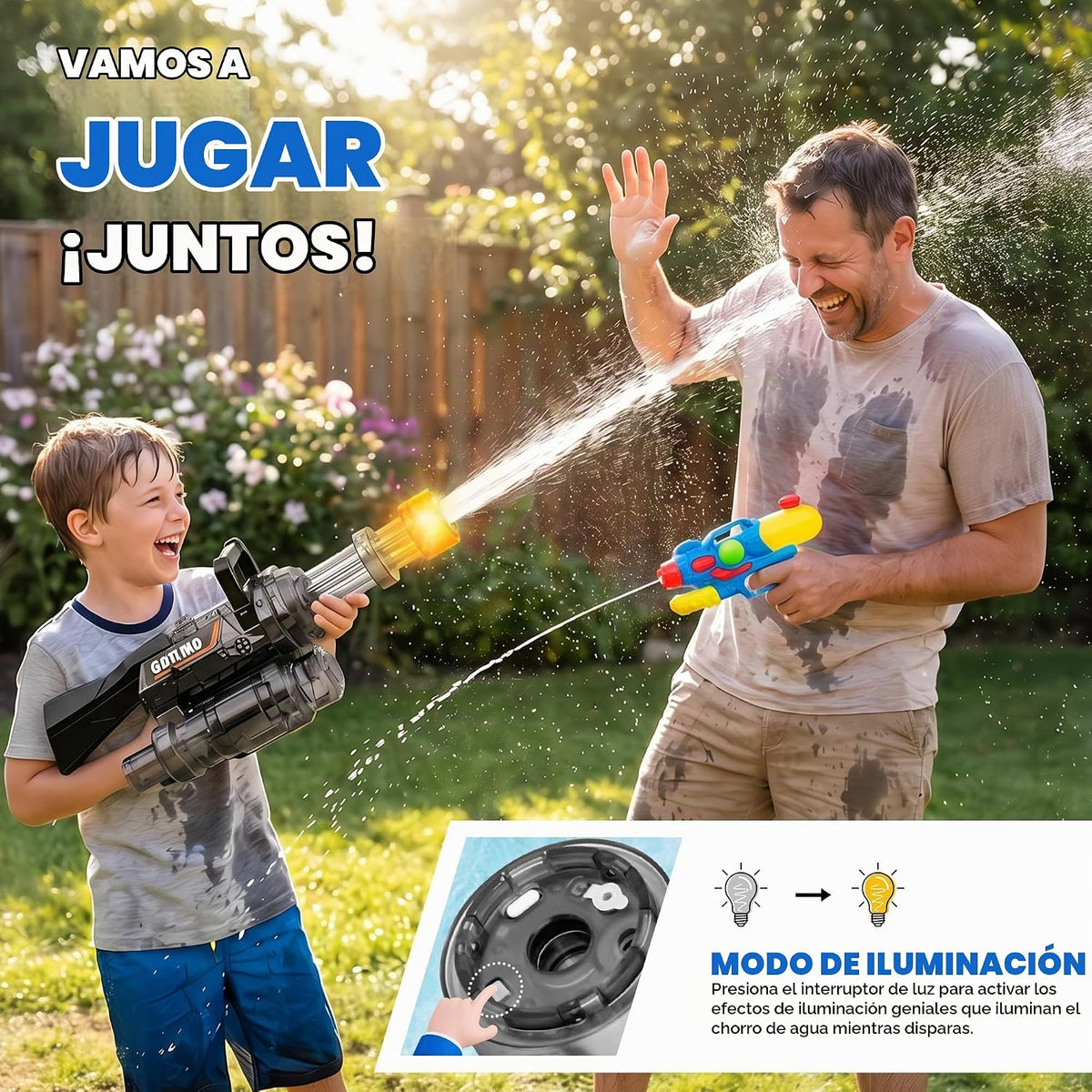 Pistola de agua con boquilla giratoria y luz LED, mochila de agua y tanque desmontable, largo alcance de 28 a 32 pies
