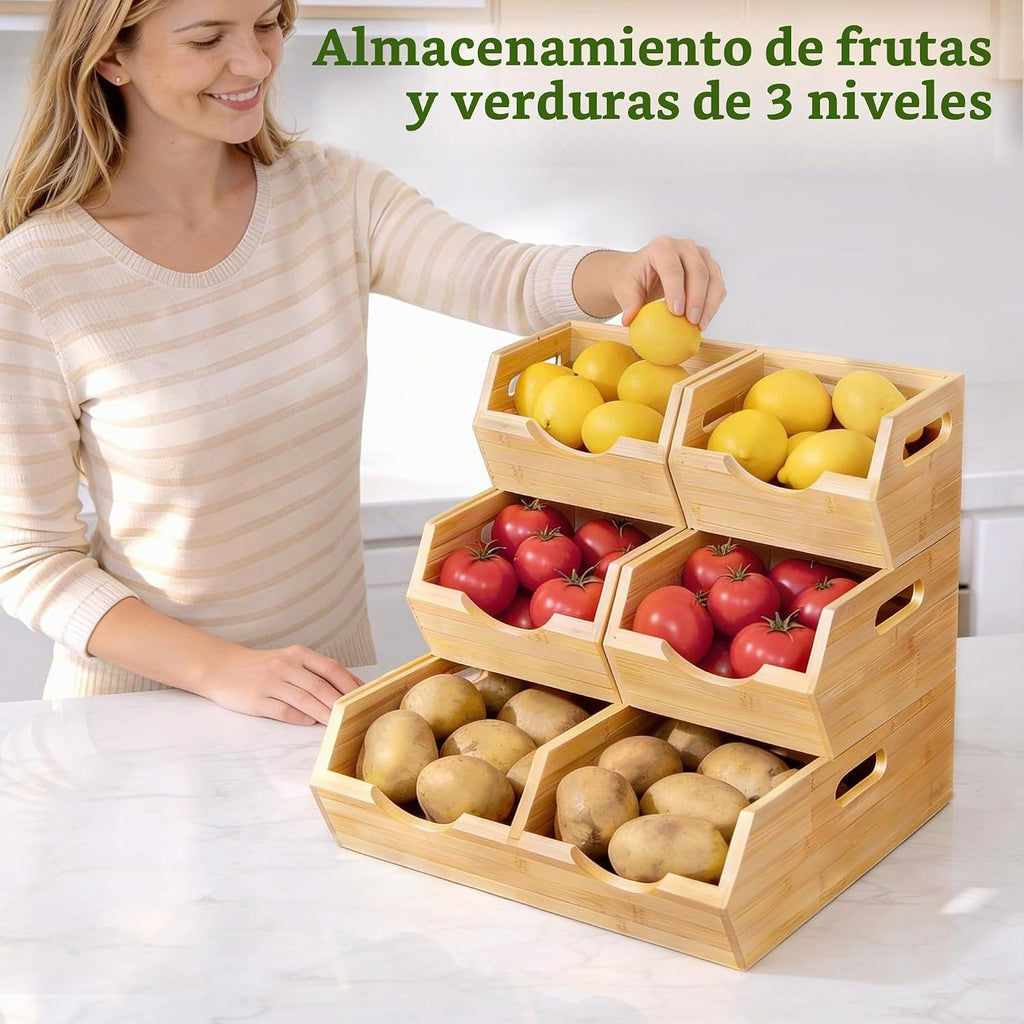 HOMESTEAD Contenedores de almacenamiento de despensa de bambú de 3 niveles, apilables, para papas y cebollas, con asas, cesta de frutas y organizador de productos para encimera de cocina, organización