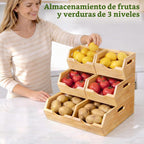 HOMESTEAD Contenedores de almacenamiento de despensa de bambú de 3 niveles, apilables, para papas y cebollas, con asas, cesta de frutas y organizador de productos para encimera de cocina, organización