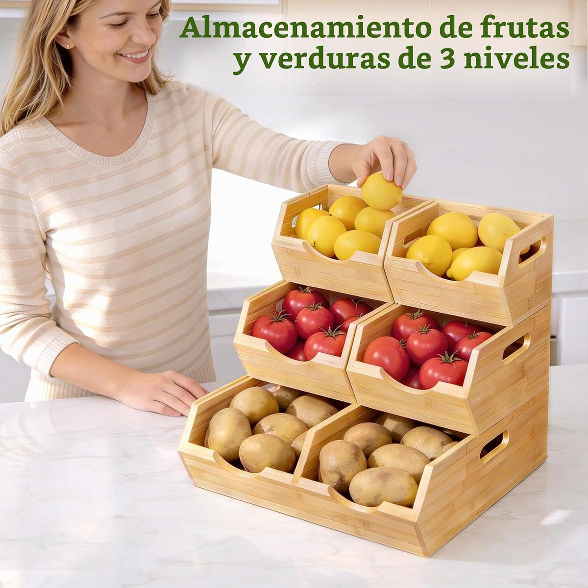 HOMESTEAD Contenedores de almacenamiento de despensa de bambú de 3 niveles, apilables, para papas y cebollas, con asas, cesta de frutas y organizador de productos para encimera de cocina, organización