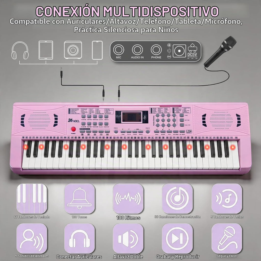 Electronic teclado Piano 61 Lighted Keys para Kids (Pink)