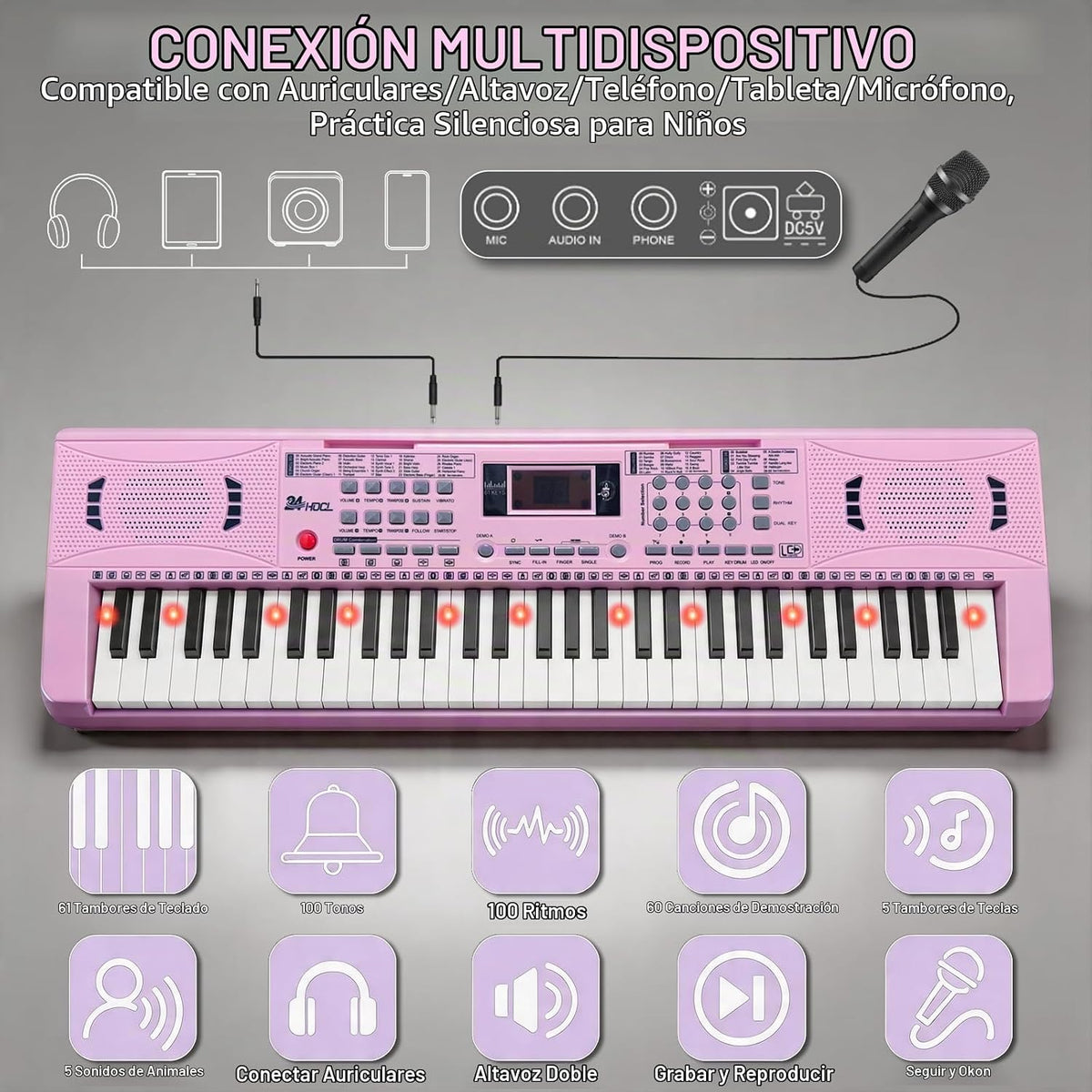 Electronic teclado Piano 61 Lighted Keys para Kids (Pink)