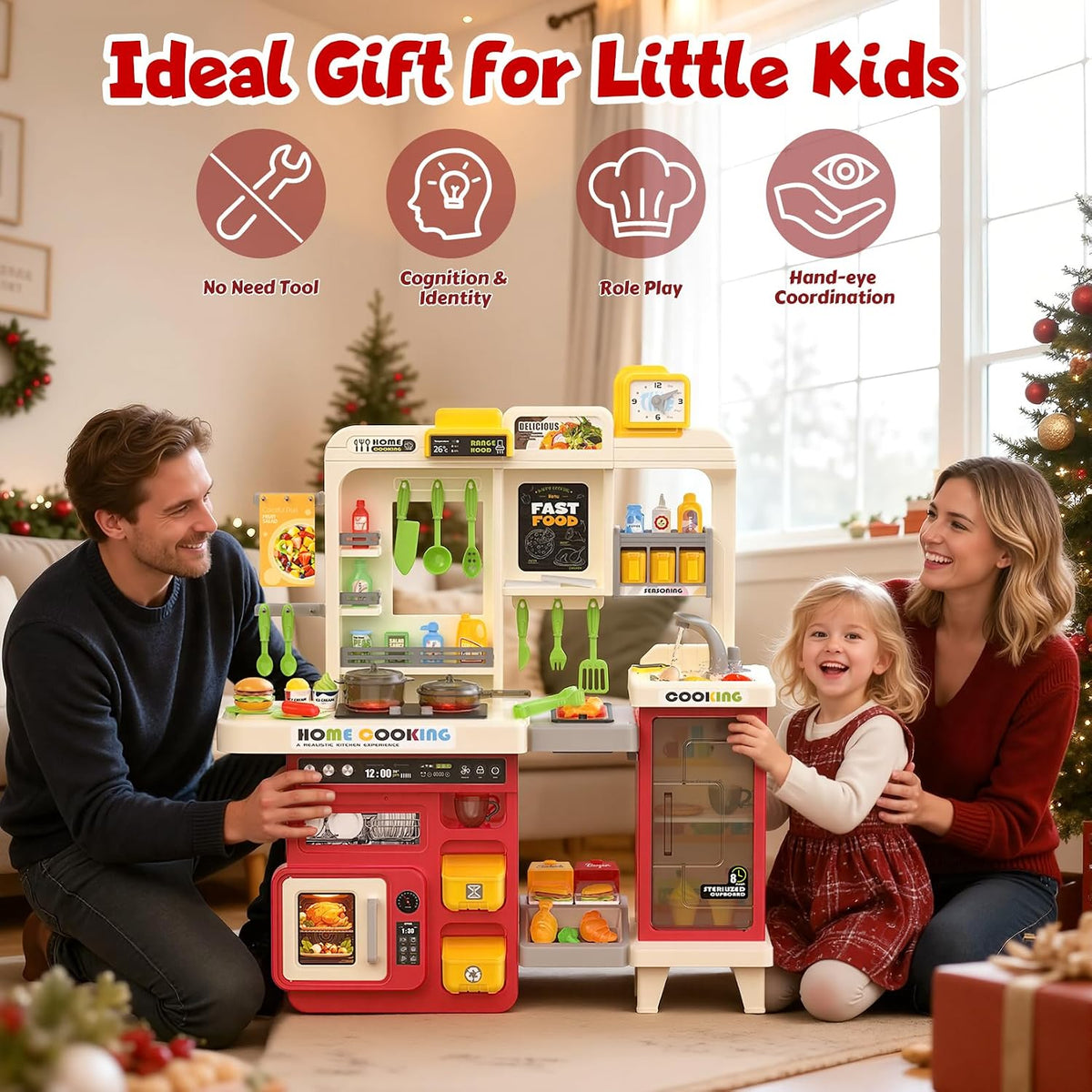 Juego de cocina para niños con luces, sonidos y vapor, juego de cocina grande para niños pequeños con fregadero, parrilla, juegos de comida para niños, accesorios de cocina de juguete, juego de cocina con bolsa de almacenamiento