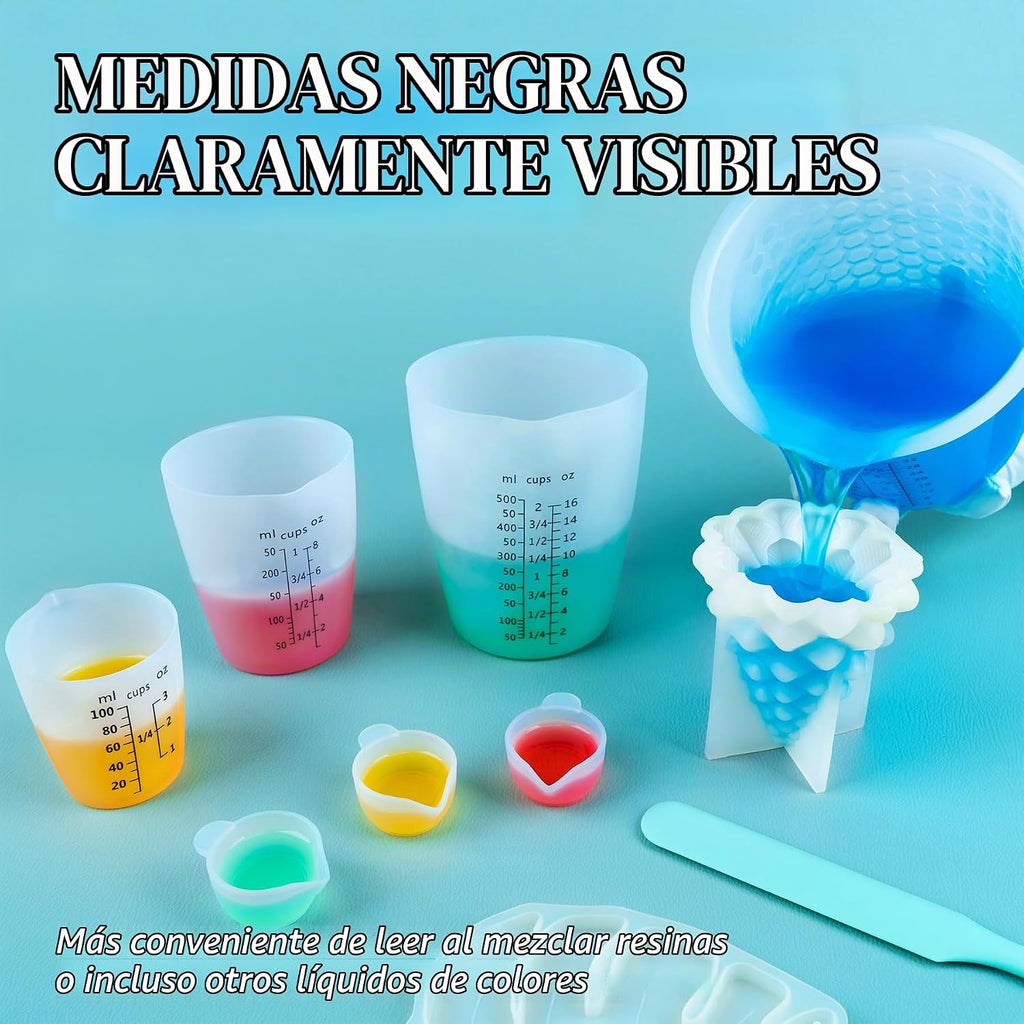 Juego de tazas medidoras de resina de silicona de 1 litro para suministros de resina, marcas fáciles de leer, taza grande de 32 onzas, tazas de silicona reutilizables gruesas de 500, 250 y 3.4 fl oz para mezcla de epoxi, fabricación de joyas