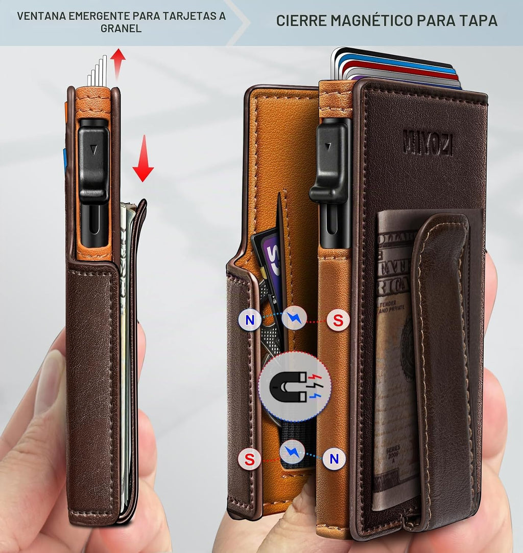 Billetera para hombre, magnética minimalista delgada con soporte para tarjetas desplegable, 9 tarjetas con bloqueo RFID, funda de metal para tarjetas de crédito, clip de dinero envuelto en