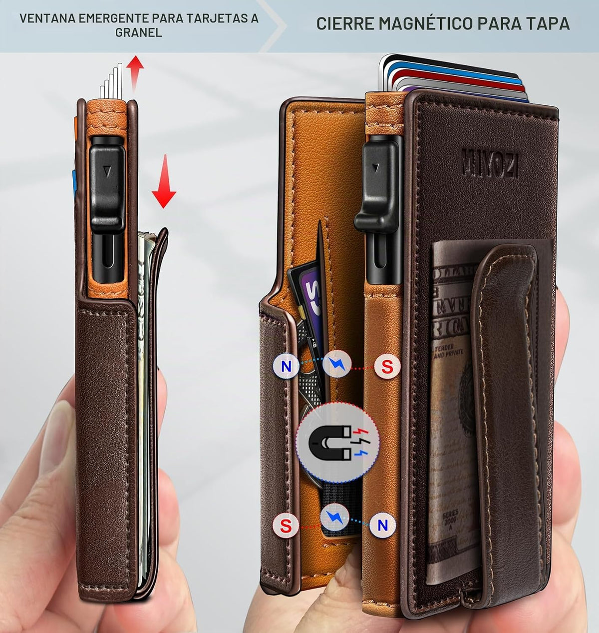 Billetera para hombre, magnética minimalista delgada con soporte para tarjetas desplegable, 9 tarjetas con bloqueo RFID, funda de metal para tarjetas de crédito, clip de dinero envuelto en