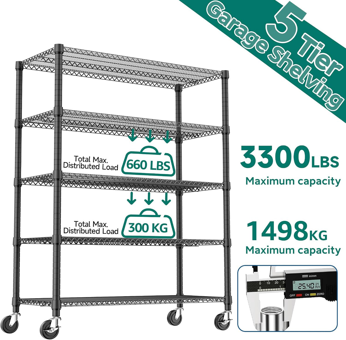 M MZG 3300LBS 53.1" W Estantería de 5 Niveles de Acero Estantería de Almacenamiento Estantería Utilitaria Organizador de Acero Estante de Alambre para Hogar, Cocina, Oficina, Garaje Negro 23.6" D x 53.1" W x 73.6" H