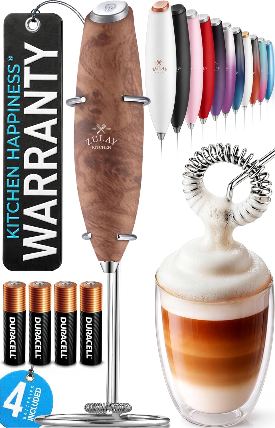 Zulay Kitchen Potente varita espumadora de leche con baterías Duracell - Mezclador de bebidas portátil ultrarrápido - Máquina eléctrica de espuma para café, lattes, capuchino y matcha, motor Z1, nogal