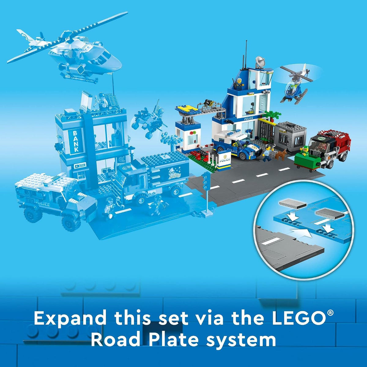 LEGO Estación de policía de la ciudad con furgoneta, camión de basura y juguete de helicóptero 60316, regalos para niños de 6 años de edad, niños y niñas con 5 minifiguras y juguete para perros