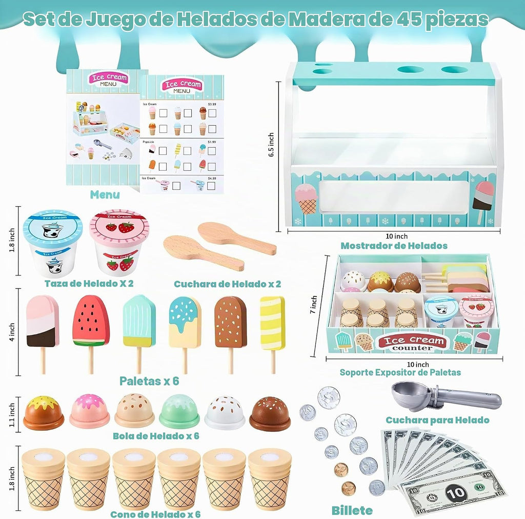 Juego de mesa de madera para contador de helados para niñas pequeñas, Play Store, juguete de simulación, accesorios de cocina con dinero y moneda falsos, regalos de cumpleaños de Navidad para niños de más de 3 años (verde)