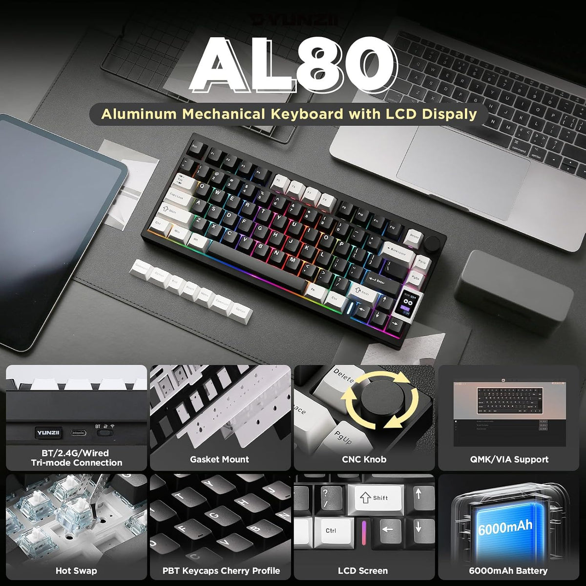 YUNZII AL80 75% Teclado mecánico de aluminio inalámbrico (negro