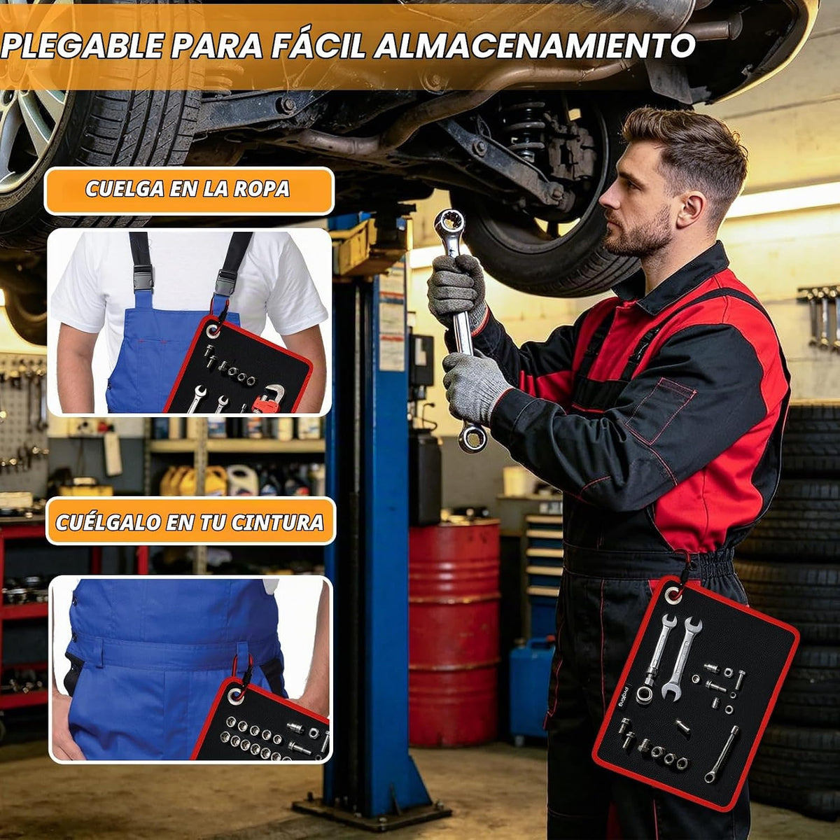 Tapete magnético flexible para herramientas, almohadilla magnética de 40 libras con selector magnético, agujero circular para colgar y gancho de mosquetón, organizador de almacenamiento para automóvil