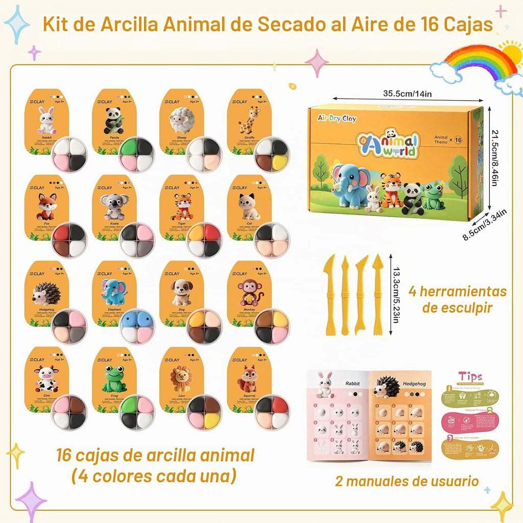 Kit de arcilla seca al aire, 16 animales para modelar arcilla mágica de secado al aire para niños, kits de arcilla de moldeo suave y no pegajosa con herramientas instrucciones para el hogar, regalos