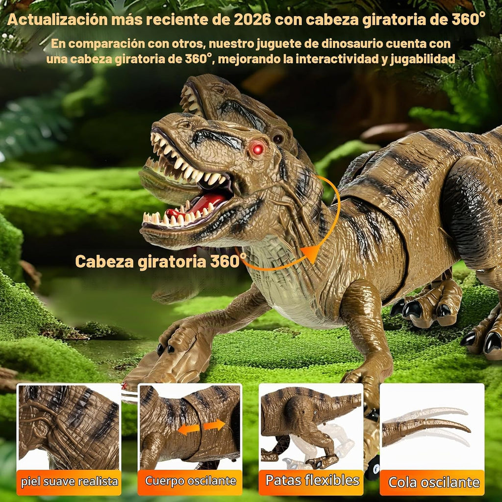 Juguetes de dinosaurio con control remoto para niños, juguetes de dinosaurio robot grandes con cabeza que se balancea 360° y rociador, dinosaurio T-Rex realista que camina y ruge, juguete de