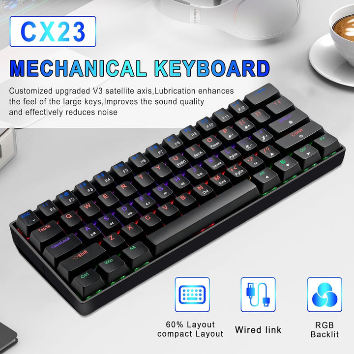 Taramico Teclado 60% para juegos, teclado mecánico RGB con cable ne...