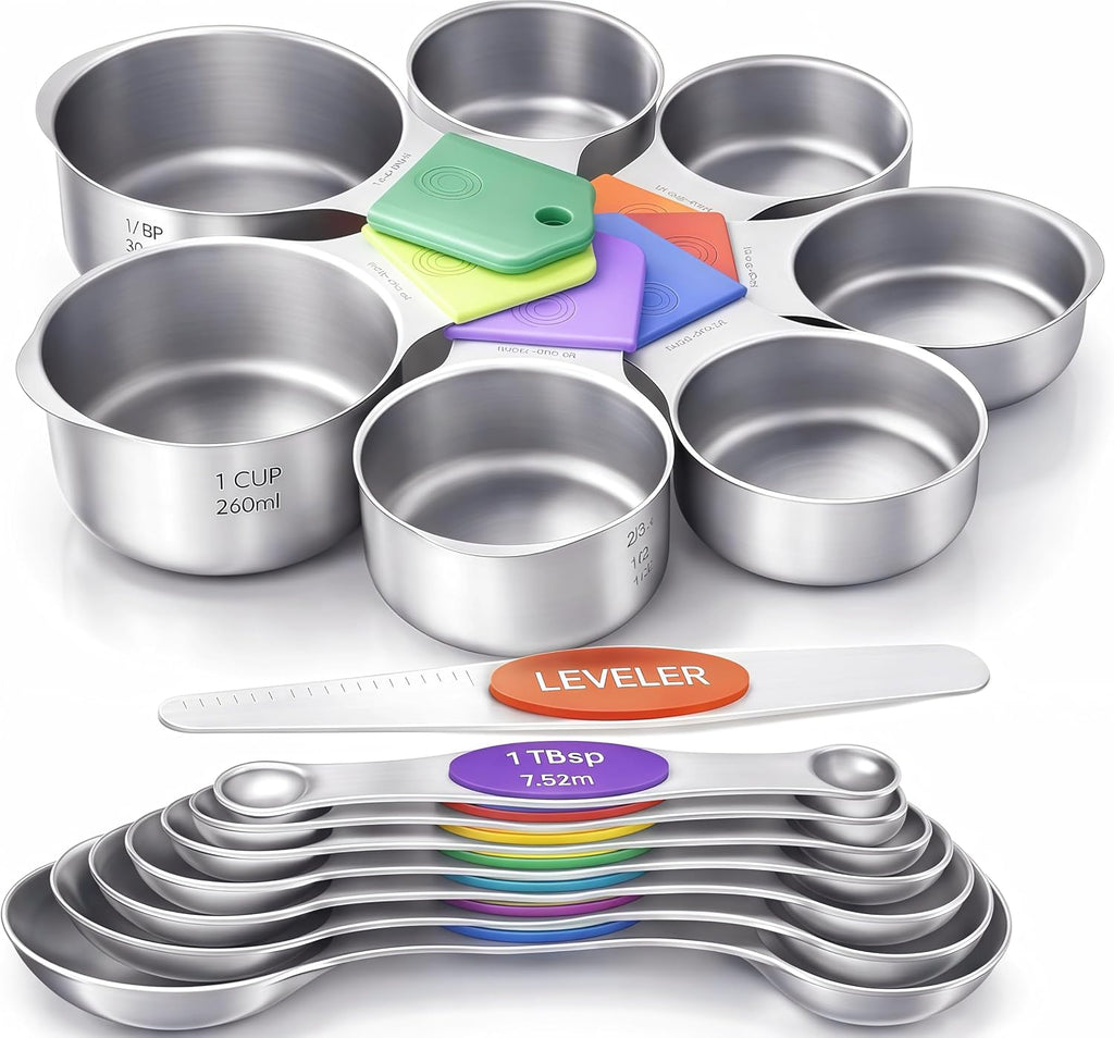 Juego de 15 tazas y cucharas medidoras magnéticas, de acero inoxidable 304, diseño fuerte N52 de anidación magnética con nivelador, para ingredientes secos y líquidos, apto para lavavajillas (colorido)
