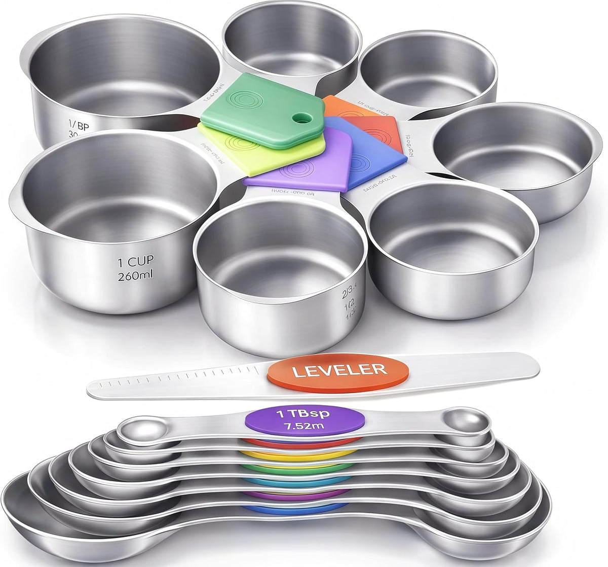 Juego de 15 tazas y cucharas medidoras magnéticas, de acero inoxidable 304, diseño fuerte N52 de anidación magnética con nivelador, para ingredientes secos y líquidos, apto para lavavajillas (colorido)