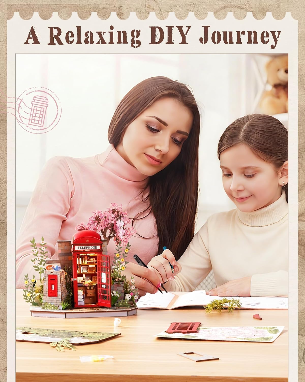 Rolife Rompecabezas de madera 3D estilo vintage, kit de modelo de cabina de teléfono de estilo británico, estantería de bricolaje para adultos, kit de construcción de modelos, manualidades divertidas