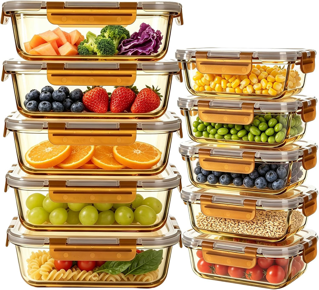Paquete de 10 Recipientes de Vidrio para Alimentos, Tapas Herméticas, Apto para Microondas - Marrón