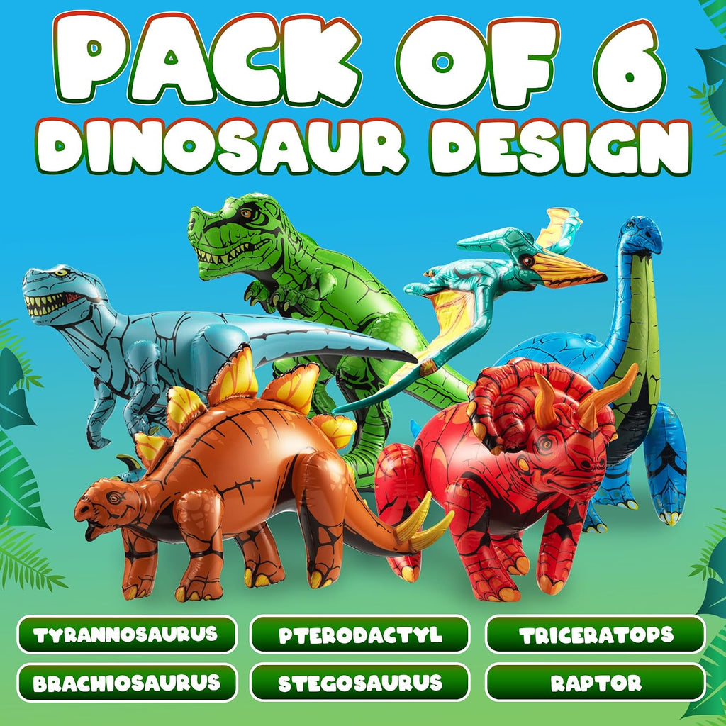 6 piezas de decoraciones inflables de dinosaurio para fiestas de cumpleaños, juguetes grandes de dinosaurios inflables para niños (20-26 pulgadas), dinosaurios para niños o niñas, globos de vinilo