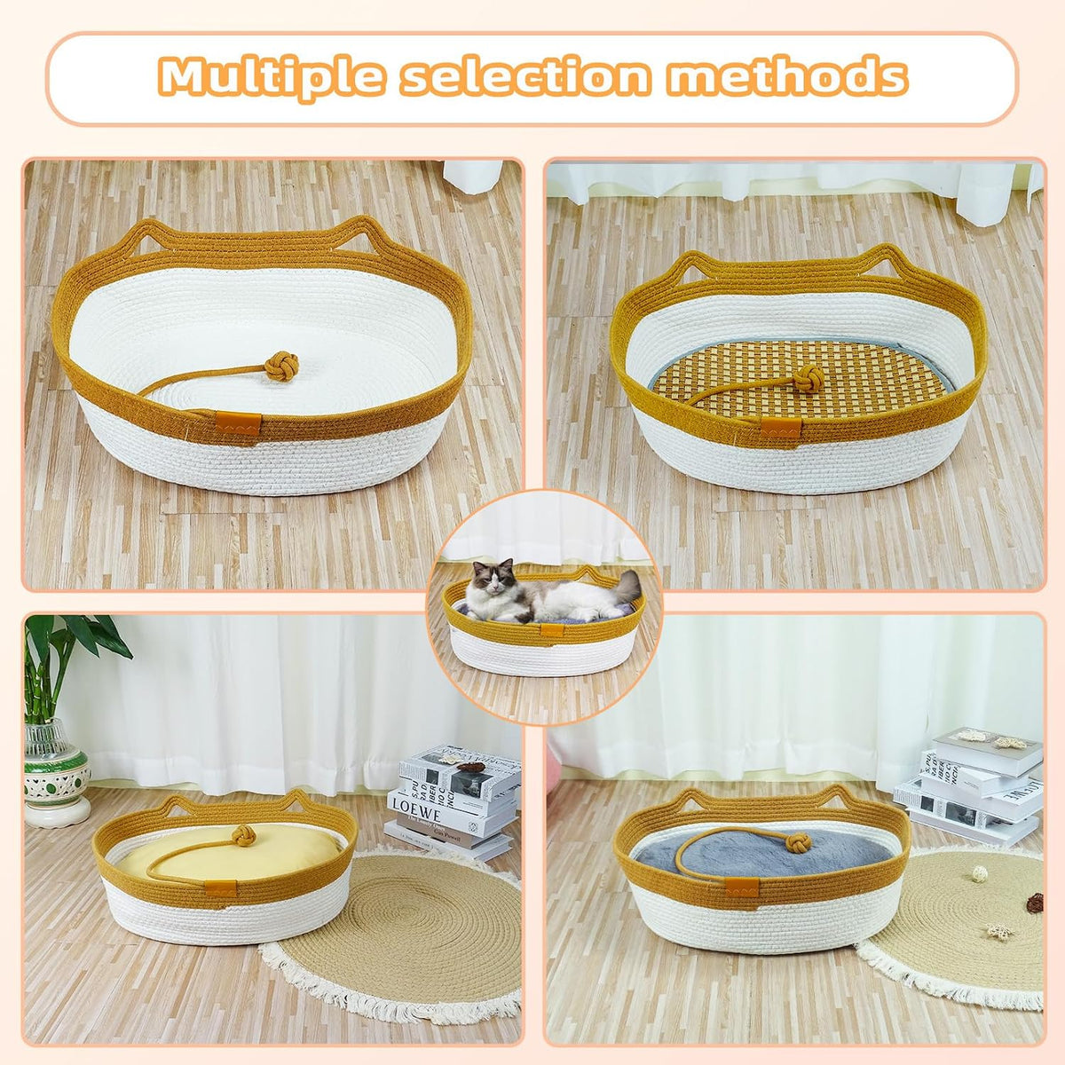 Cesta de cuerda natural para gatos, cama acogedora con cojín de