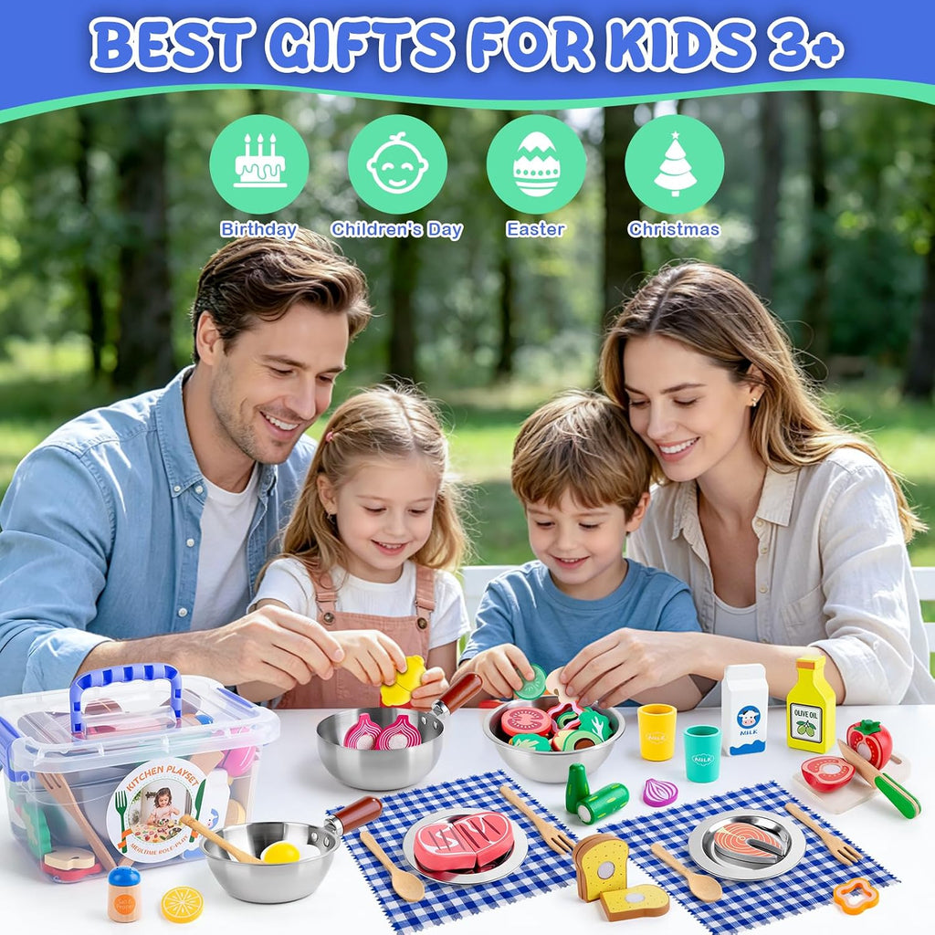 Juboury Wooden Play Food Sets para Kid Kitchen con Stainless Steel Cookware