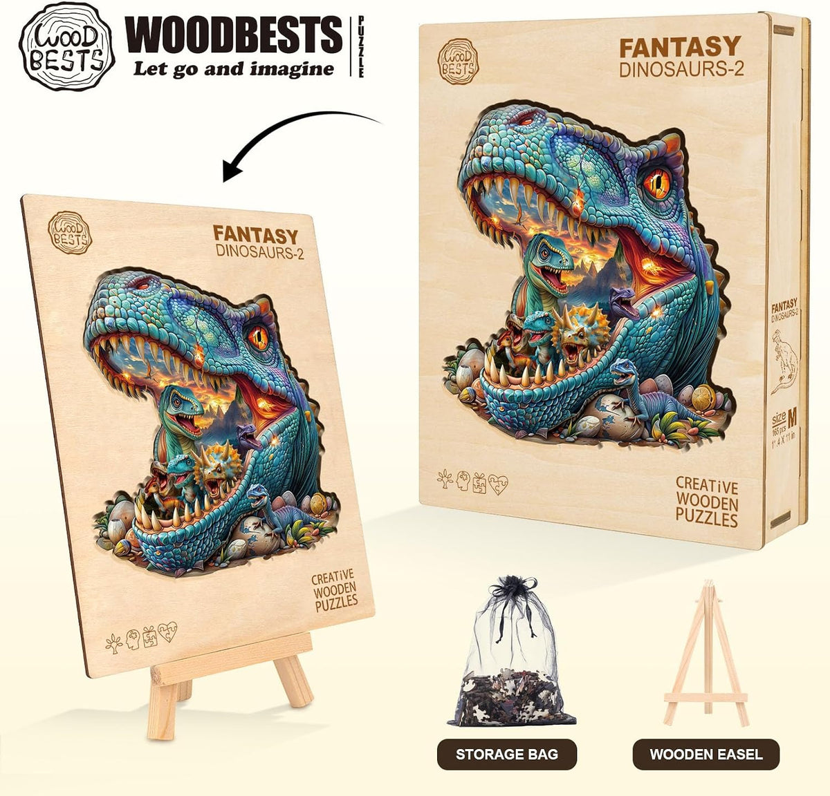 WOODBESTS Rompecabezas de madera para adultos, rompecabezas de dinosaurios de fantasía para adultos (165 piezas, M, 11.4 * 11 pulgadas), rompecabezas de animales de madera de forma única, regalos de