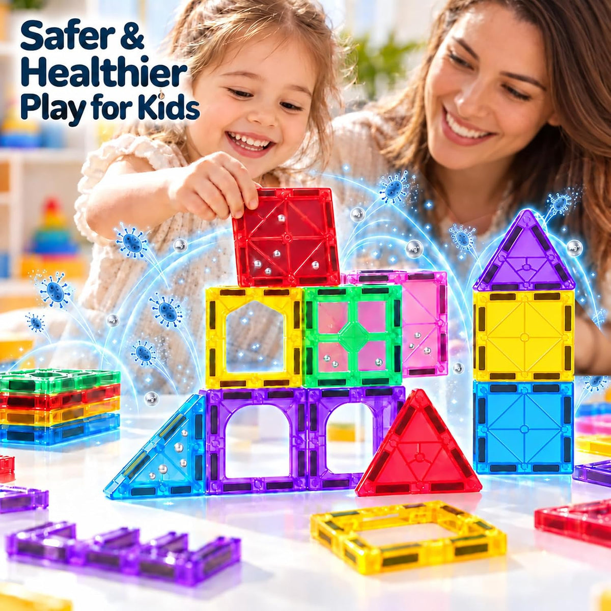 Azulejos magnéticos antibacterianos, juego de bloques de construcción STEM 3D de 142 piezas