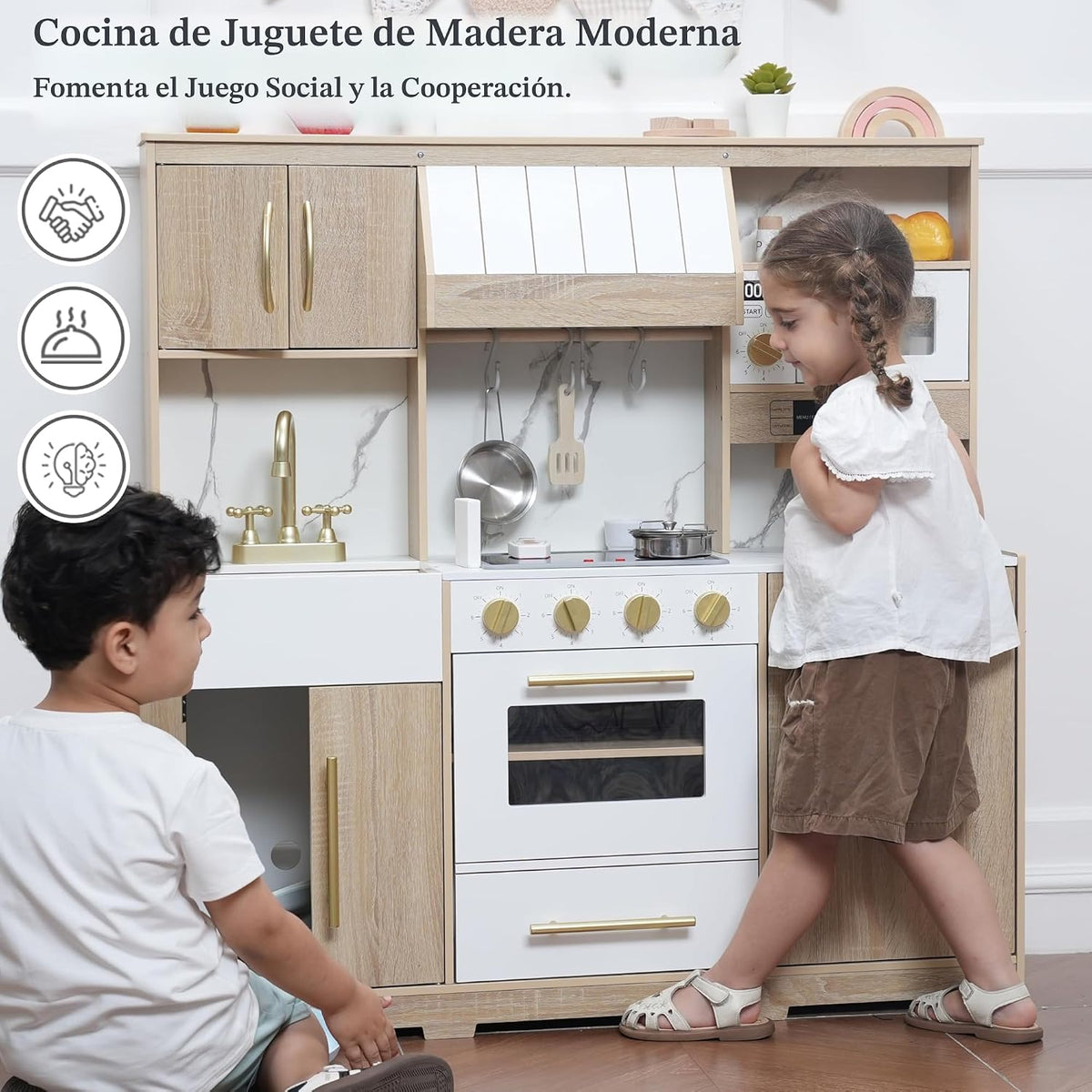 Cocina de madera para niños con luces y sonidos, diseño moderno