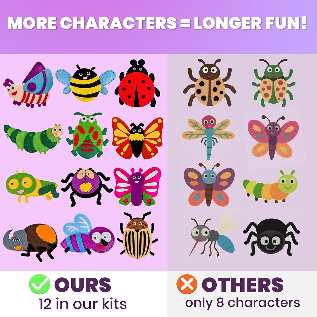 QUOKKA Manualidades para Niños de 4 a 8 años, Kit de Principiante de Costura DIY con Aguja e Hilo - Kit de Costura de 12 Insectos y Bichos Básico - Manualidades Artísticas Divertidas para Niños de 6 a