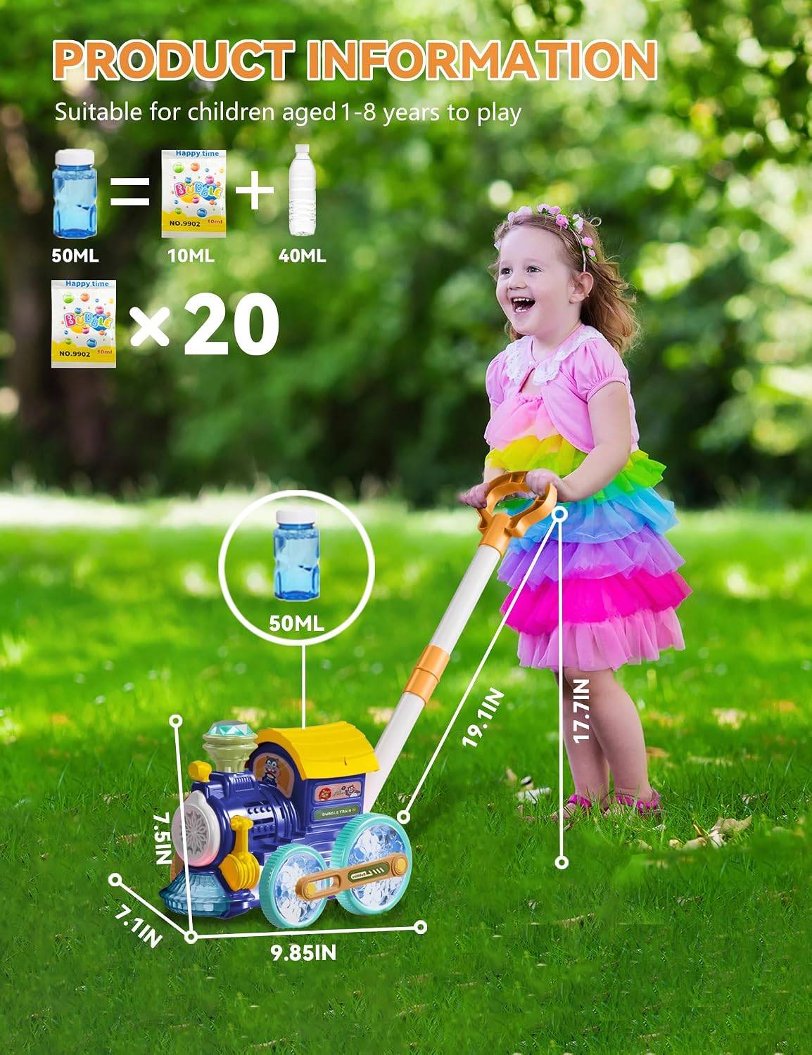 Máquina de burbujas, soplador de burbujas, cortacésped de burbujas para niños pequeños, tren de música de burbujas con luz, juguetes de verano al aire libre para patio trasero para 1-8 edades, regalos