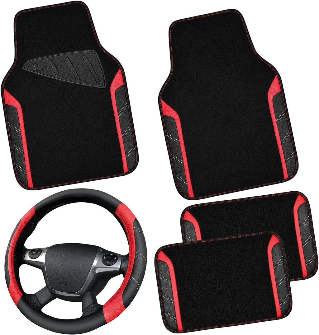 CAR PASS Funda para volante de cuero y alfombrillas de coche impermeables, combo universal de microfibra para coche, diseño deportivo antideslizante seguro y cómodo de 14.5-15 pulgadas para el 95 % de